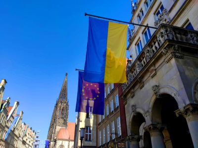 Town hall of Münster with Ukrainian and European flags